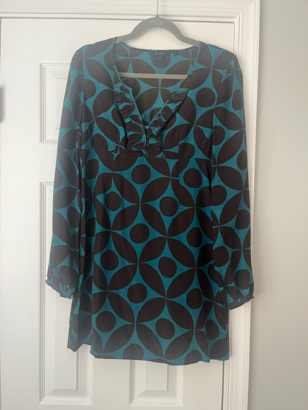 Boden Teal and Black Geometric Ruffle V-Neck Tunic